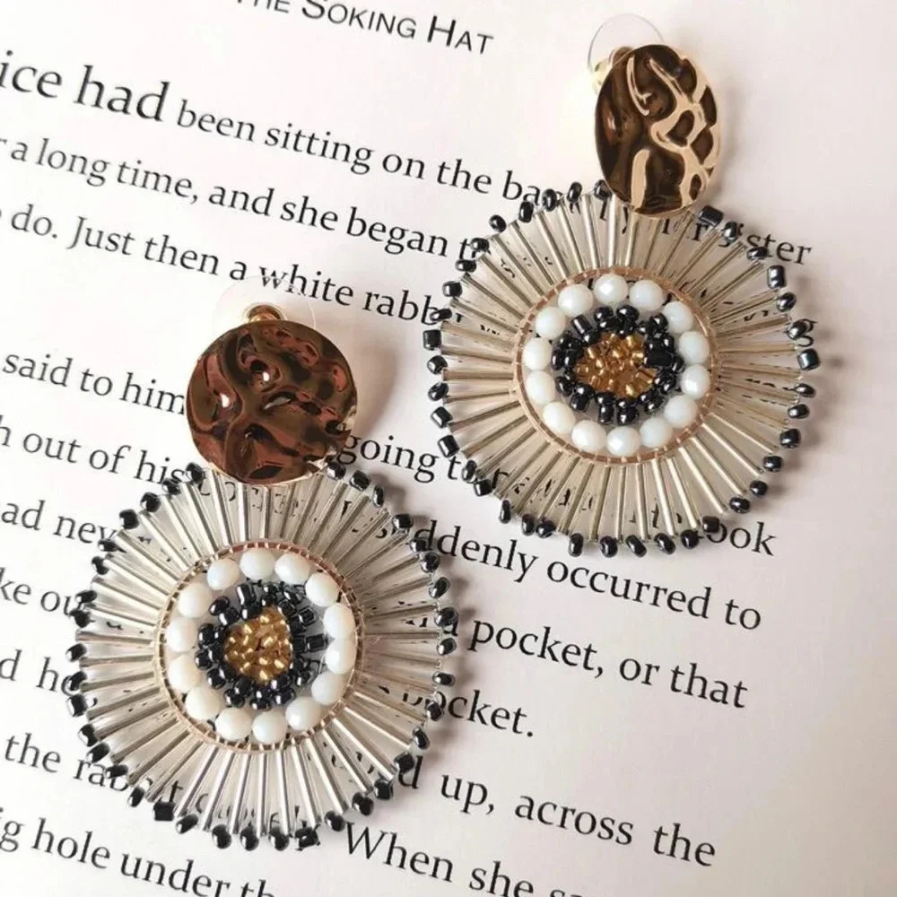 2/$30🌵 Gray Gold White Beaded Circle Bohemian Boho Statement NEW Dangle Gift